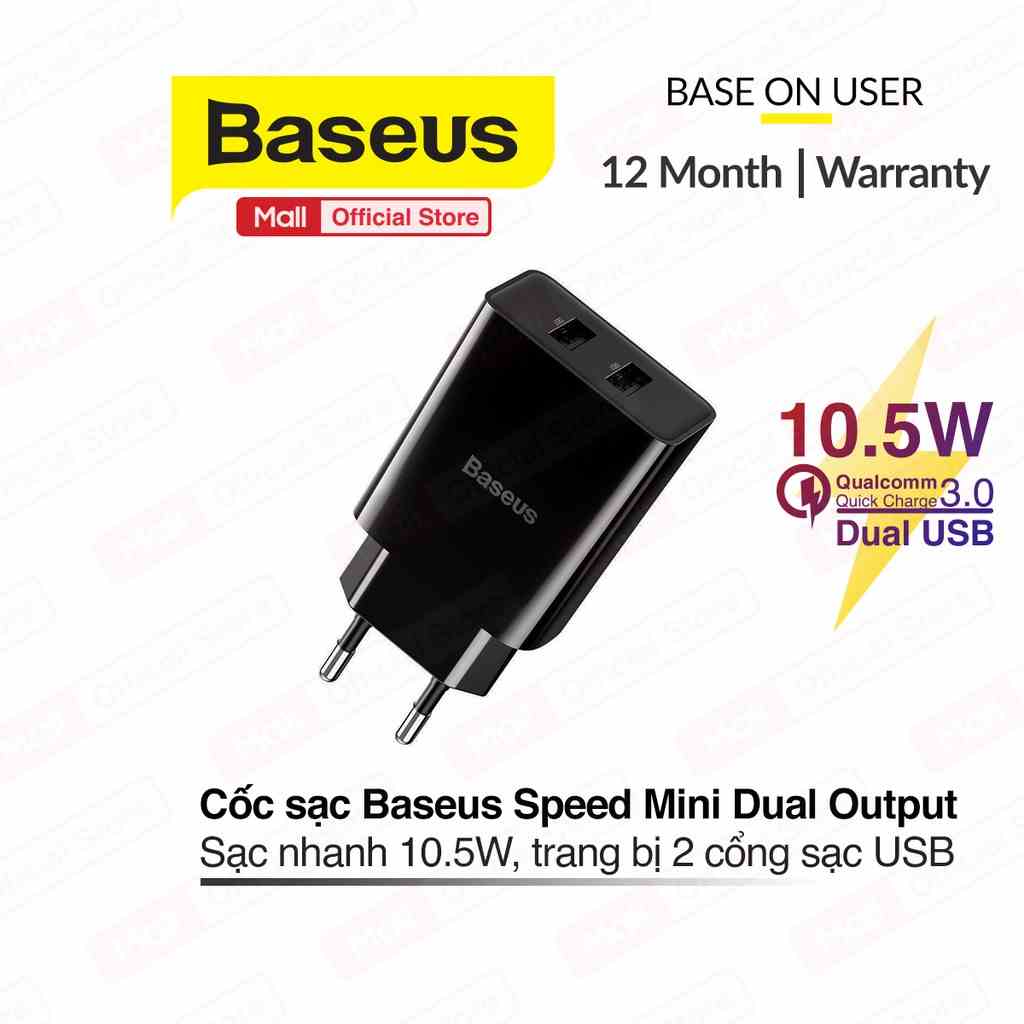 Củ sạc Baseus Speed Mini Dual USB sạc nhanh 2.1A, 10.5W, trang bị 2 cổng sạc USB cho iPhone/Samsung/xiaomi ( Đen)