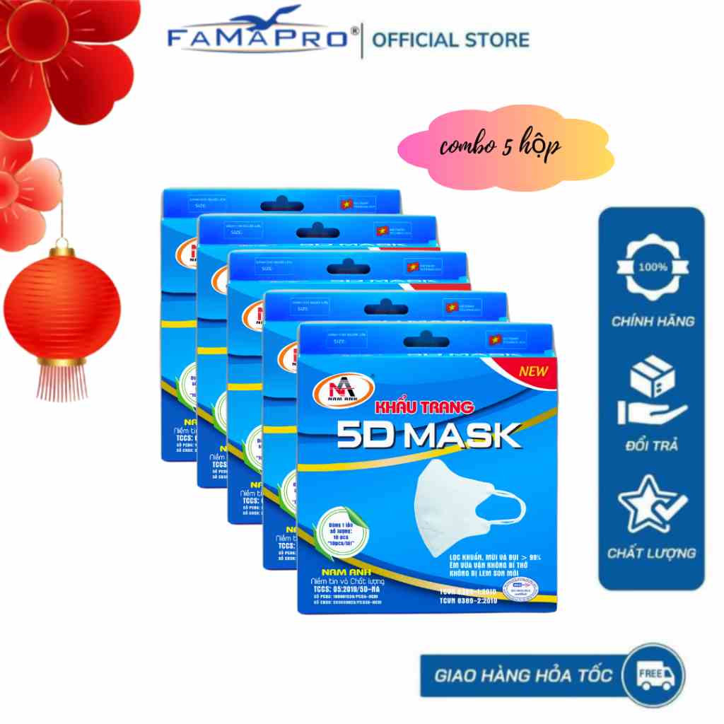 [HỘP5D MASKQUAI THUN] COMBO 5 HỘP Khẩu trang y tế kháng khuẩn 3 lớp Famapro 5D Mask