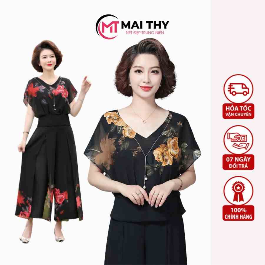 Bộ Trung Niên Cho Mẹ MAI THY 400, Set Đồ Trung Niên Quần Ống Rộng, Áo Hoa Cánh Tiên Cao Cấp | Thời Trang Trung Niên U40+