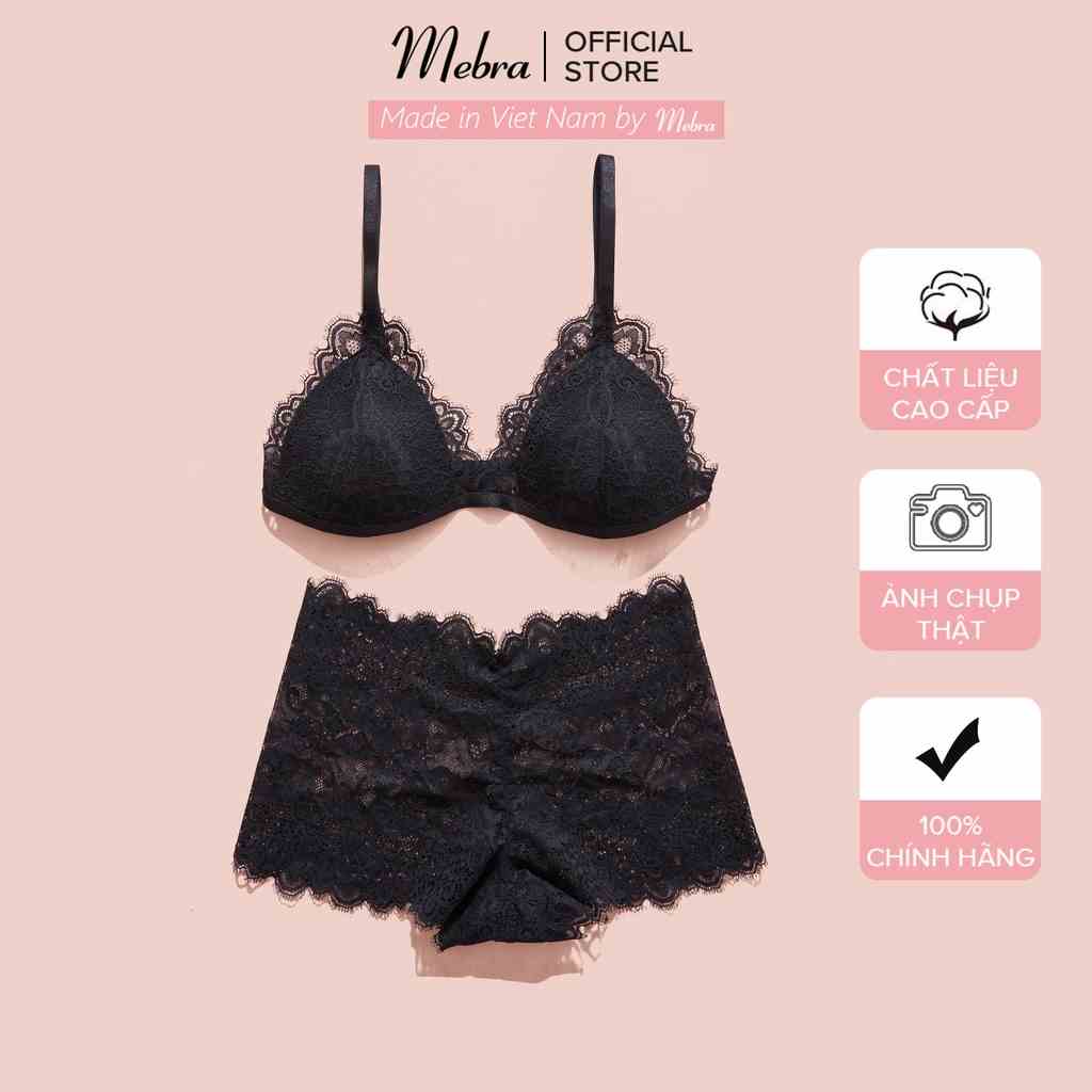 Bộ đồ lót ren lông mi đen bralette quần lót đùi boxer họa tiết sang trọng màu đen thương hiệu Mebra A101