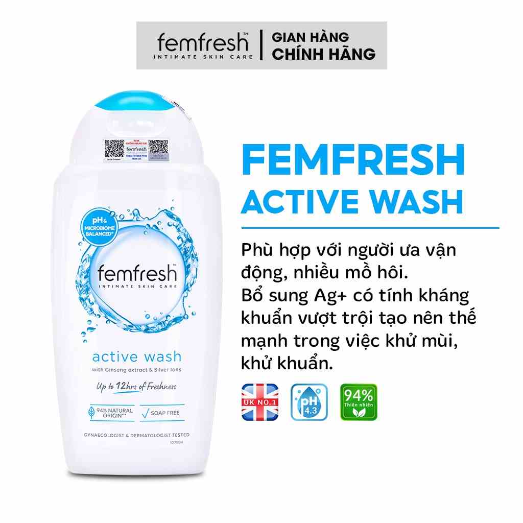 Dung Dịch Vệ Sinh Nam Nữ Cho Người Ưa Vận Động Giúp Vùng Kín Sạch, Thơm, Tươi Mới Femfresh Active Fresh Wash 250ml UK