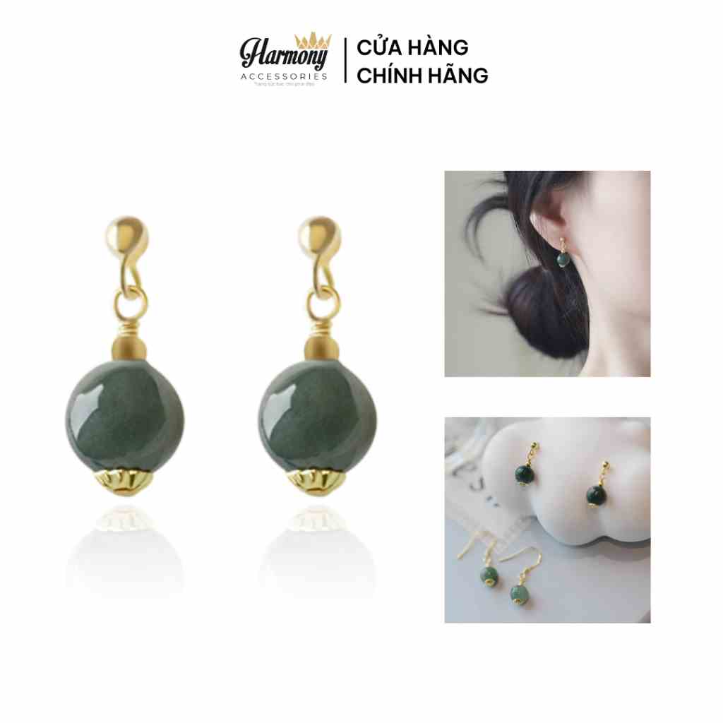 Khuyên tai bạc bông nữ mạ vàng ngọc bích nhân tạo cực sang, xinh xắn | HARMONY ACCESSORIES K125