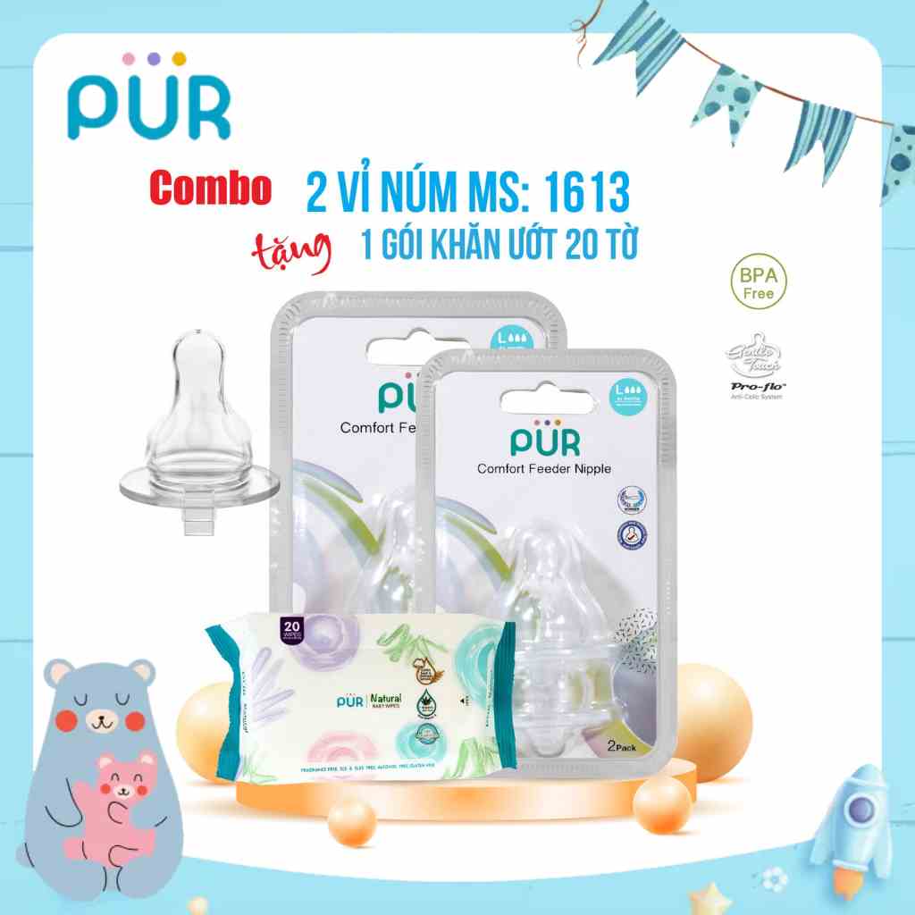 Combo 2 vỉ núm ti cho bình cổ thường Pur - Comfort Feeder (1 vỉ gồm 2 núm, tổng cộng 4 núm)