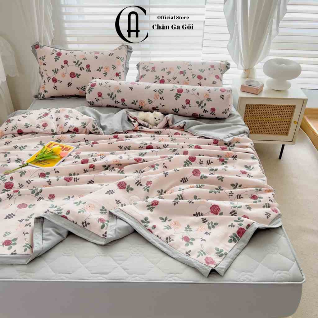 Bộ Chăn Ga Gối Cotton Đũi Hoa Hồng Leo , Chất Liệu Bền Đẹp Kích Cỡ Đa Dạng CA Bedding Decor