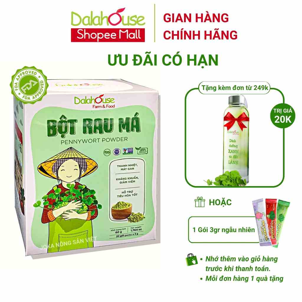 Bột rau má organic sấy lạnh Dalahouse nguyên chất 60gr mát gan giải độc, đạt tiêu chuẩn Châu Âu