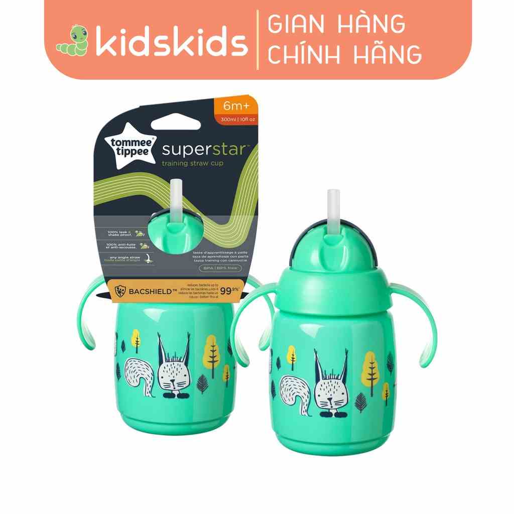 Bình tập uống nước có ống hút đáy nặng kháng khuẩn chống tràn, chống sặc cho bé Tommee Tippee SuperStar – Xanh lá