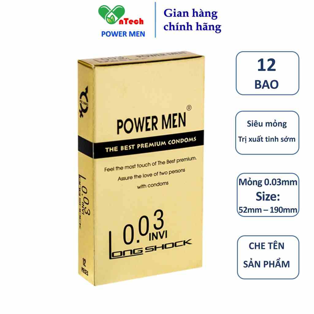 Bao cao su POWER MEN 0.03 INVI điệp viên tàng hình siêu mỏng kéo dài thời gian hạn chế xuất tinh sớm hộp 12 chiếc