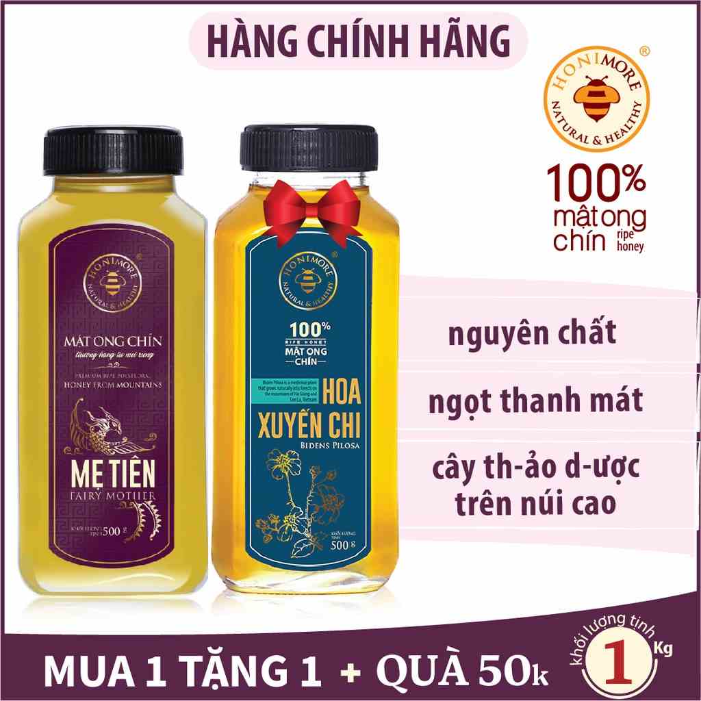 Combo Mật ong nguyên chất thượng hạng Mẹ Tiên Honimore 500g + Mật ong rừng 500g - tăng cường đề kháng