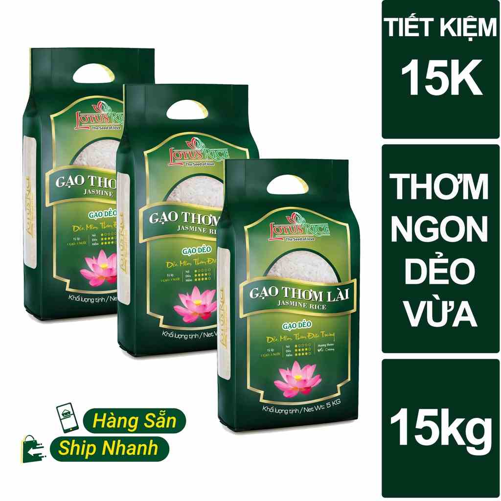 [Mã BMLTB35 giảm đến 35K đơn 99K] Combo 3 túi Gạo Thơm Lài Lotus Rice 5kg (tổng 15kg)