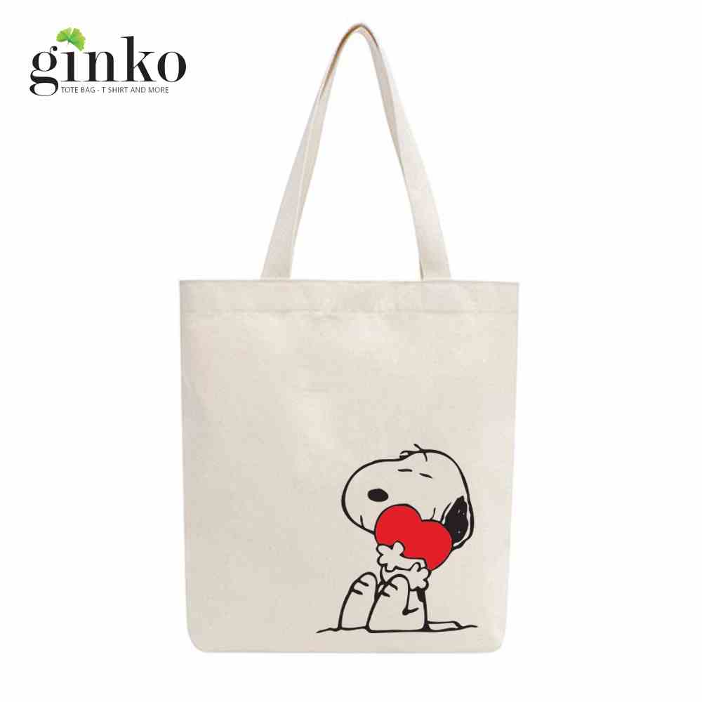 Túi tote vải mộc GINKO có dây kéo khóa ( có túi con bên trong) in hình Snoopy and Friends M105