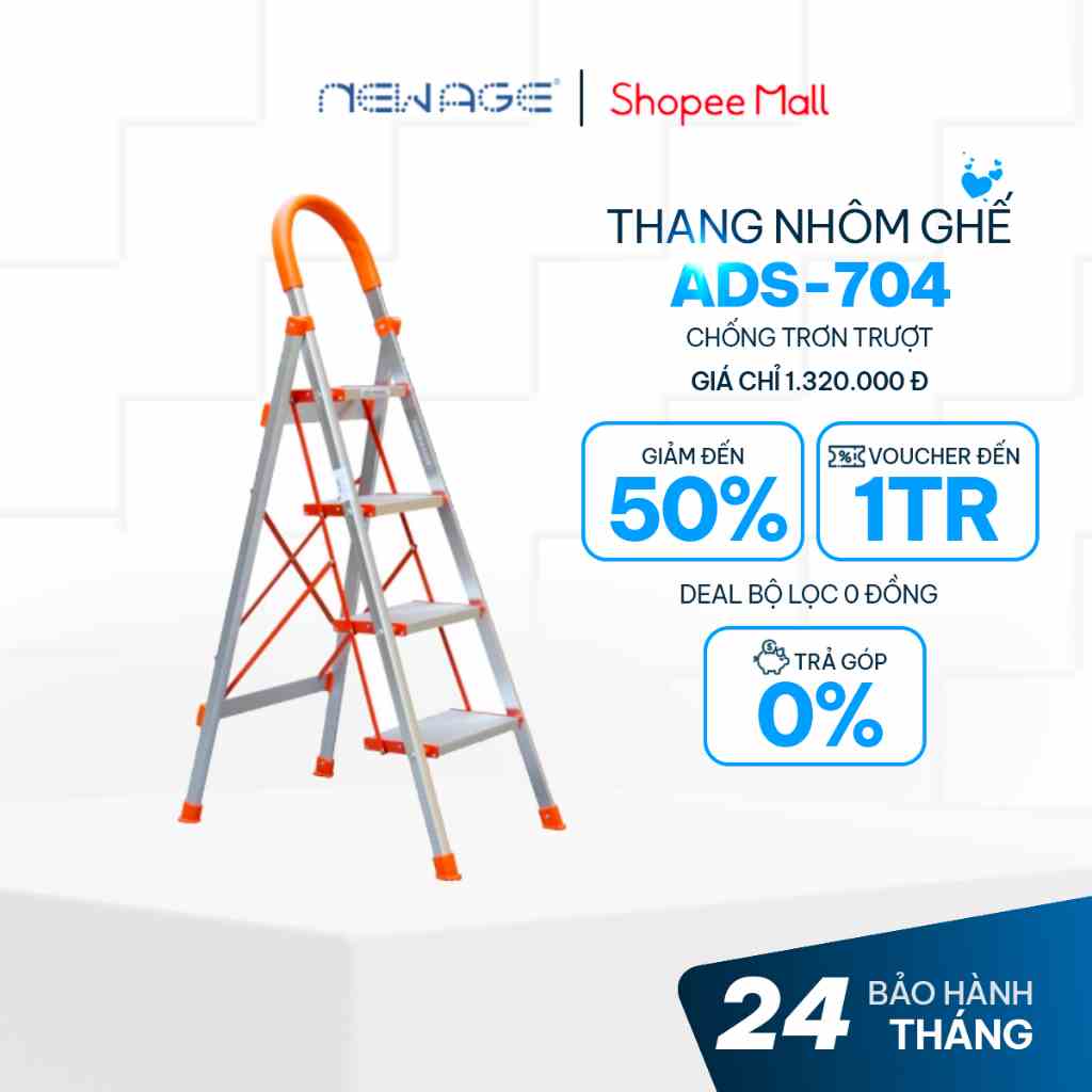 Thang nhôm ghế bản to 3,4,5,6 bậc, chống trơn trượt ADVINDEQ, Bảo hành chính hãng 24 tháng