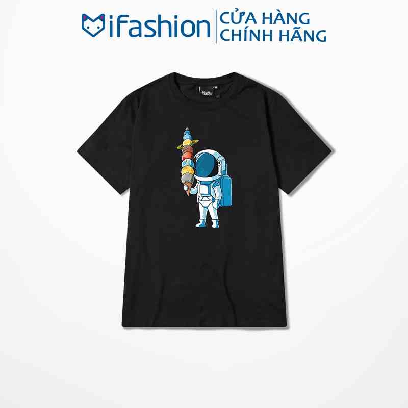 Áo thun tay lỡ iFashion 100% cotton dáng unisex form rộng in hình phi hành gia và các vệ tinh NC015