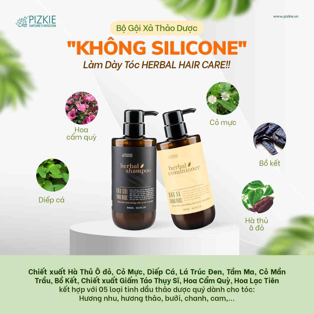 COMBO Dầu Gội - Dầu Xả Thảo Dược PIZKIE 500ML HERBAL SHAMPOO & HERBAL_CONDITIONER  Phục Hồi Nuôi Dưỡng Bảo Vệ Da Đầu