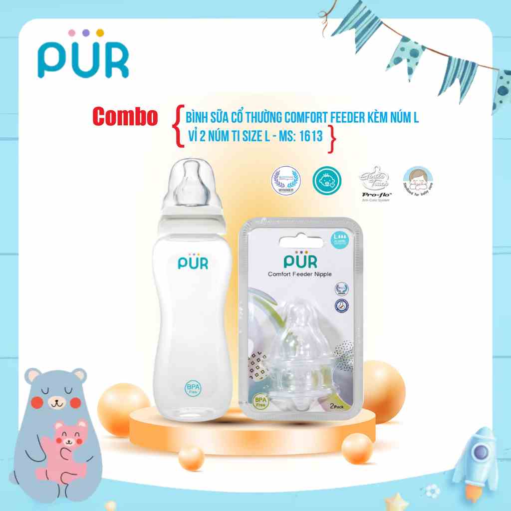 [Mã BMLTB35 giảm đến 35K đơn 99K] Combo bình sữa cổ thường Pur Comfort Feeder 250ml kèm núm + vỉ 2 núm 1613 size L