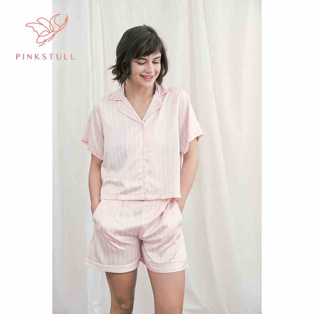 [Mã BMLTB35 giảm đến 35K đơn 99K] Bộ đồ ngủ lụa Pijamas Pink Stull tay ngắn quần ngắn sọc hồng