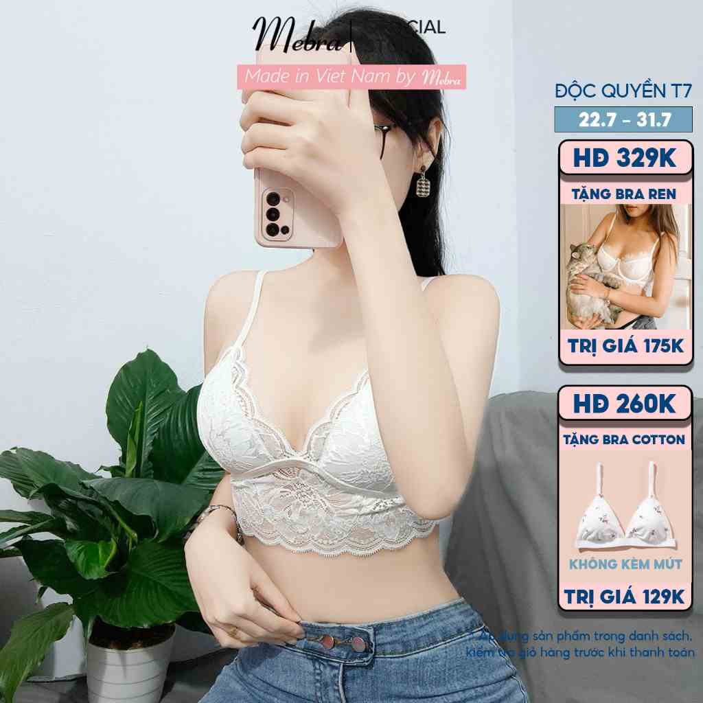 Áo lót corset bralette ren hoa trắng không gọng mút mỏng mềm mại cao cấp mặc cùng blazer áo khoác mùa thu Mebra A024