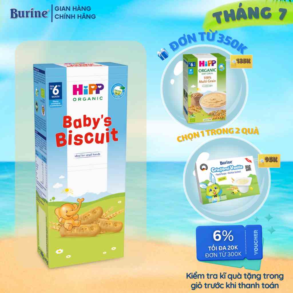 [Mã BMLTB35 giảm đến 35K đơn 99K] Bánh quy ăn dặm HiPP (Burine) Organic 180g (4 gói/ hộp) - Nhập khẩu Italia