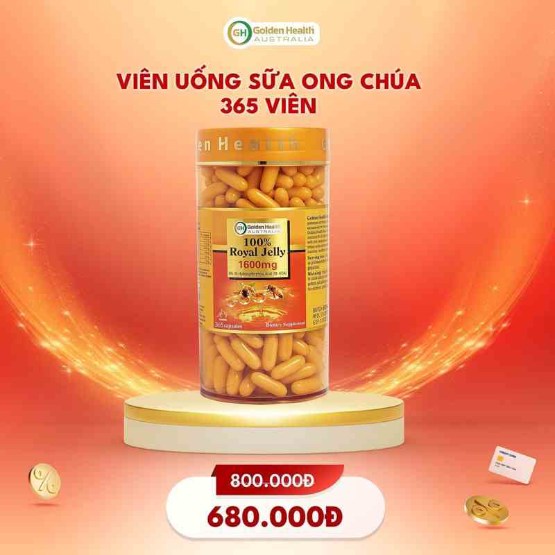 [Mã BMTTC60K giảm đến 60K đơn 50K] [GOLDEN HEALTH] Viên sữa ong chúa - Royal Jelly 1600mg hộp 365 Viên