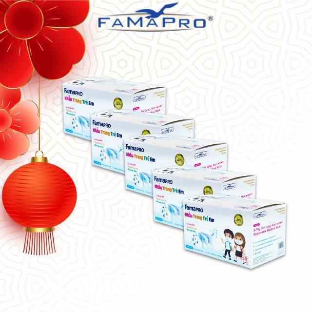 [COMBO 5 HỘP] MAX KIDS Khẩu trang y tế trẻ em kháng khuẩn 3 lớp Famapro hộp 50 cái