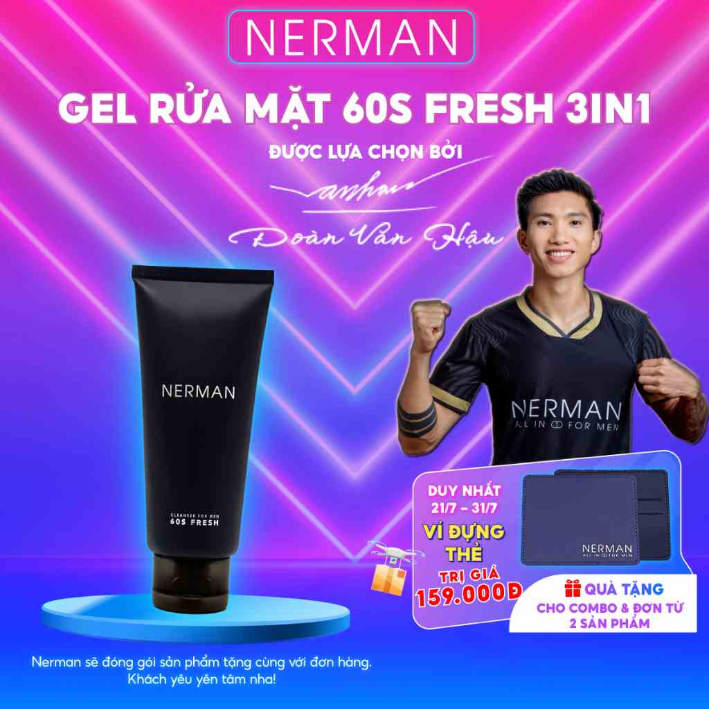 Gel rửa mặt ngừa mụn nam Nerman Nano Curcumin 60s Fresh 100ml