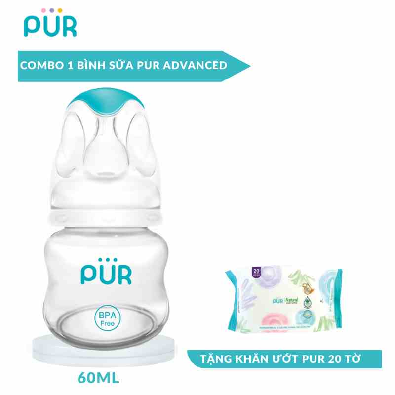 Bình sữa cổ thường Pur Advanced 60ml được làm từ chất vật liệu tinh khiết  - Tặng gói khăn ướt Pur