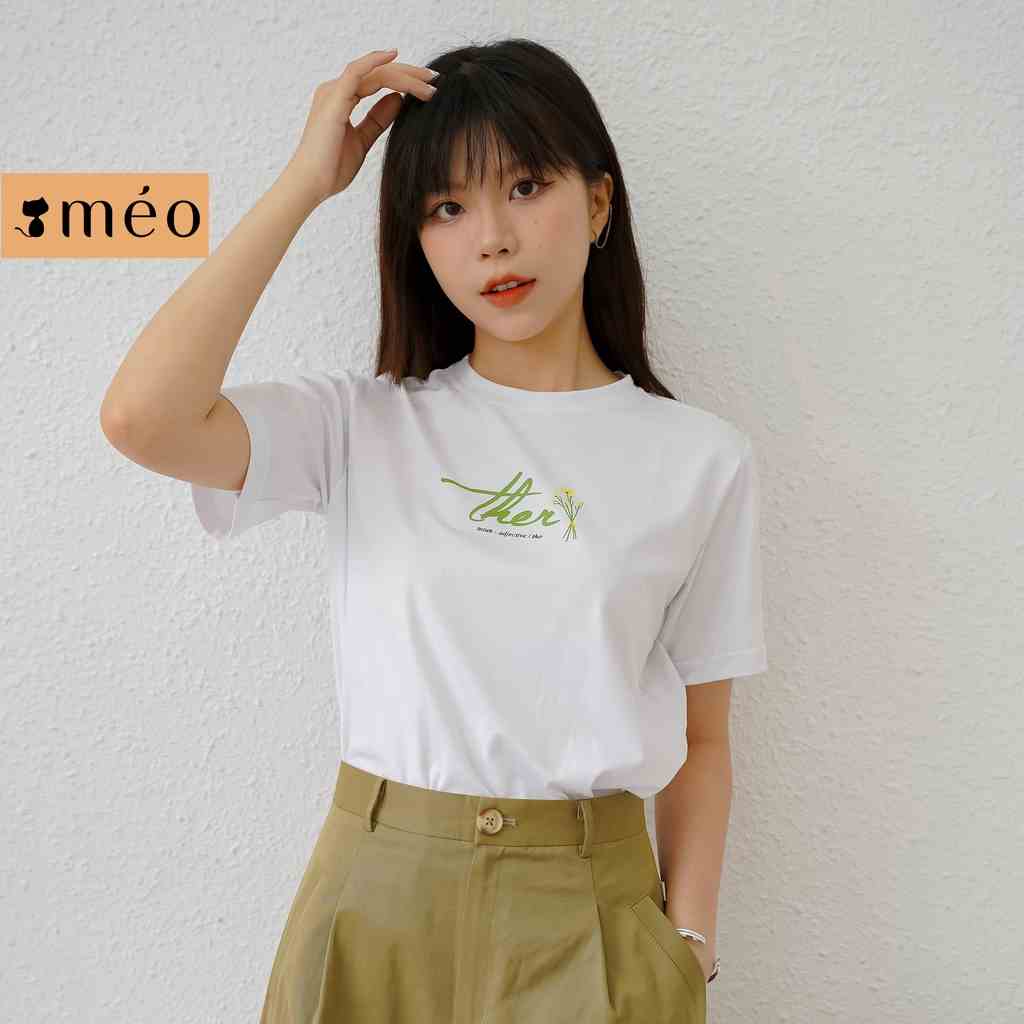 Áo thun tay lỡ Méo shop phông nữ cổ tròn cotton in chữ Ther freesize form rộng