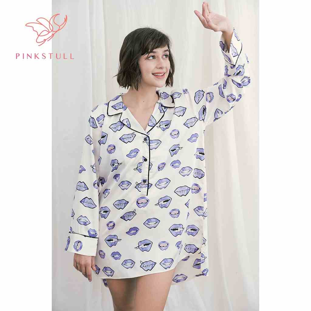 [Mã BMLTB35 giảm đến 35K đơn 99K] Áo ngủ lụa Pijama Pink Stull họa tiết môi tím