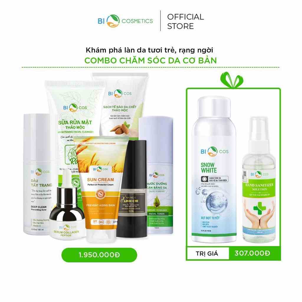 Combo Chăm Sóc Da Cơ Bản BIOCOS ( Bộ 7 sản phẩm) Tặng kèm Xịt Trắng Snow White 150ml + Xịt Khuẩn 100ml