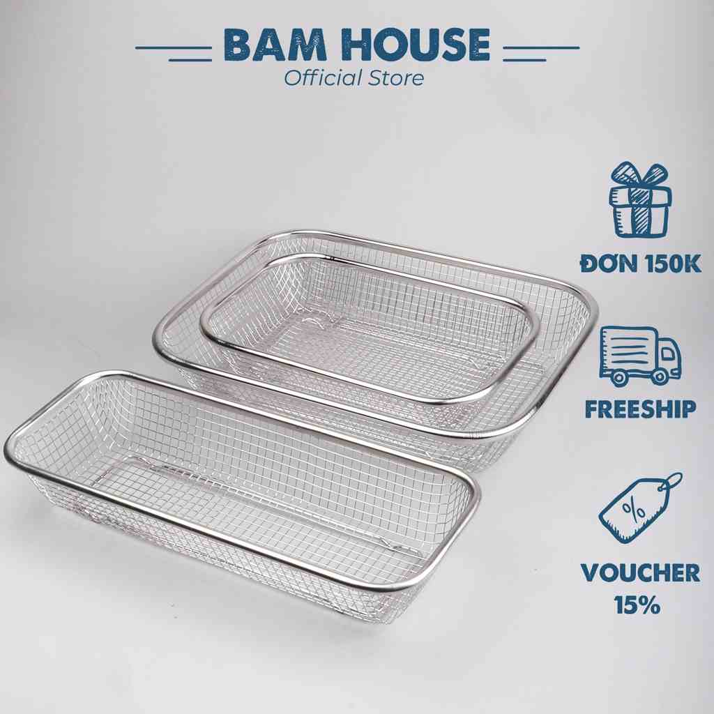 Rổ lưới đựng thức ăn chiên inox 304 Bam House sáng bóng cao cấp RLC01 - Gia dụng bếp