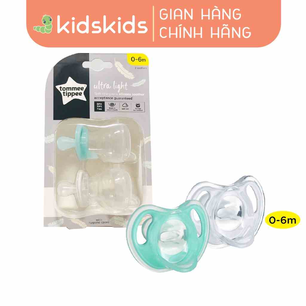 Ty ngậm silicon siêu nhẹ cho bé Tommee Tippee Ultra Light 0-6 tháng (vỉ đôi) - Xanh ngọc/Trắng