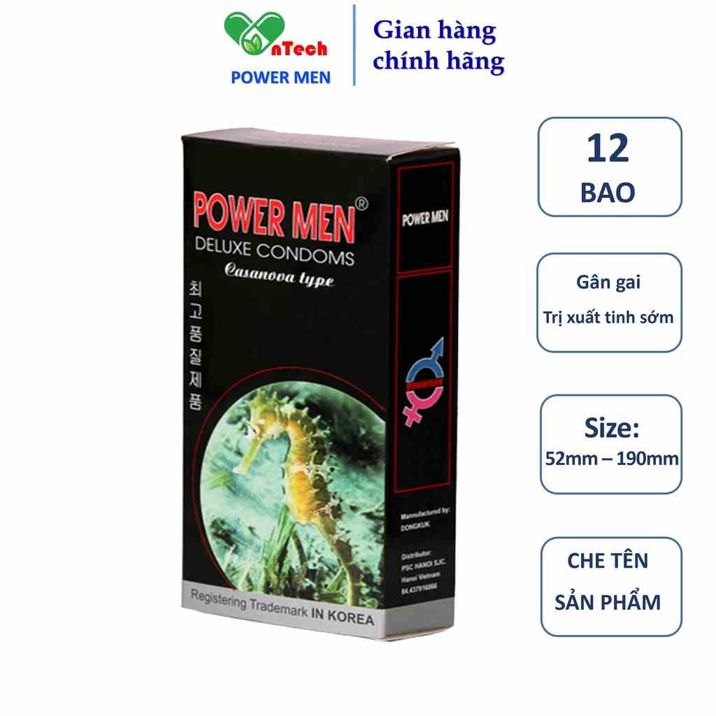 Bao cao su POWER MEN siêu mỏng gân gai nổi chứa 5% Benzocain kéo dài thời gian POWER MEN Cá Ngựa Đen hộp 12 chiếc