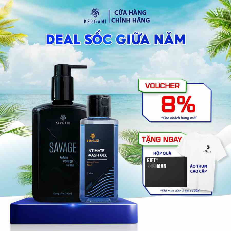 Combo Sữa Tắm Nam Hương Nước Hoa Bergami 330ml/chai và Dung Dịch Vệ Sinh Nam 130ml/chai, Ngừa Khuẩn & Lưu Hương 6H